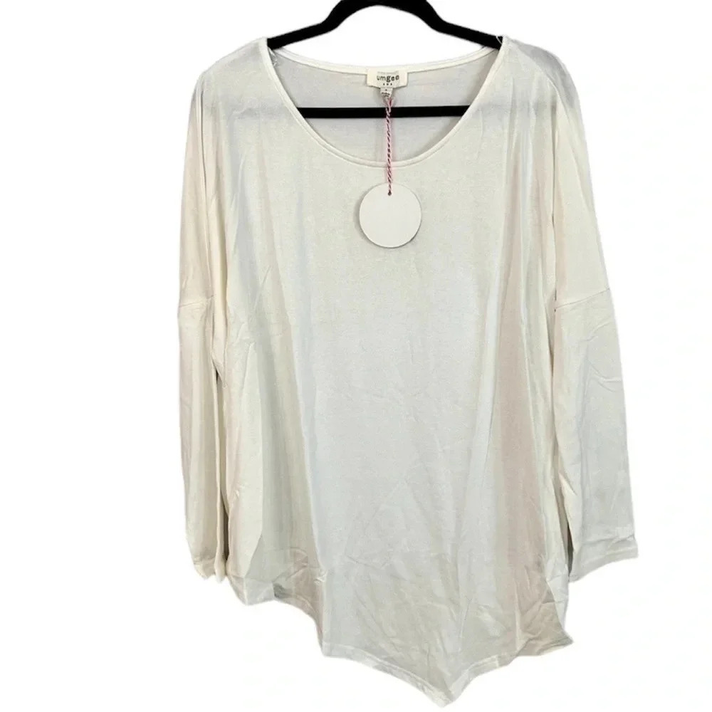 Umgee Womens Long Sleeve White Top with Asymmetric-Hem Size S NWT